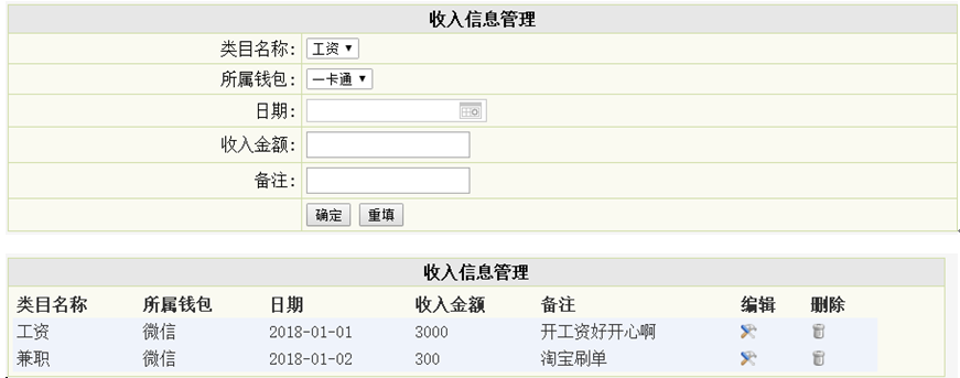 大学生收支管理系统收入信息管理列表