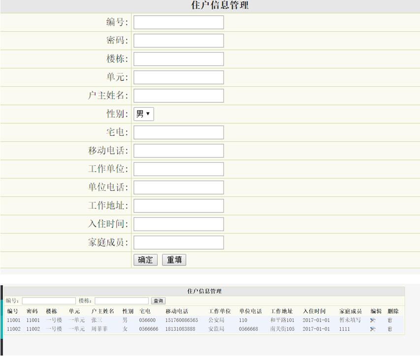 住户信息管理列表